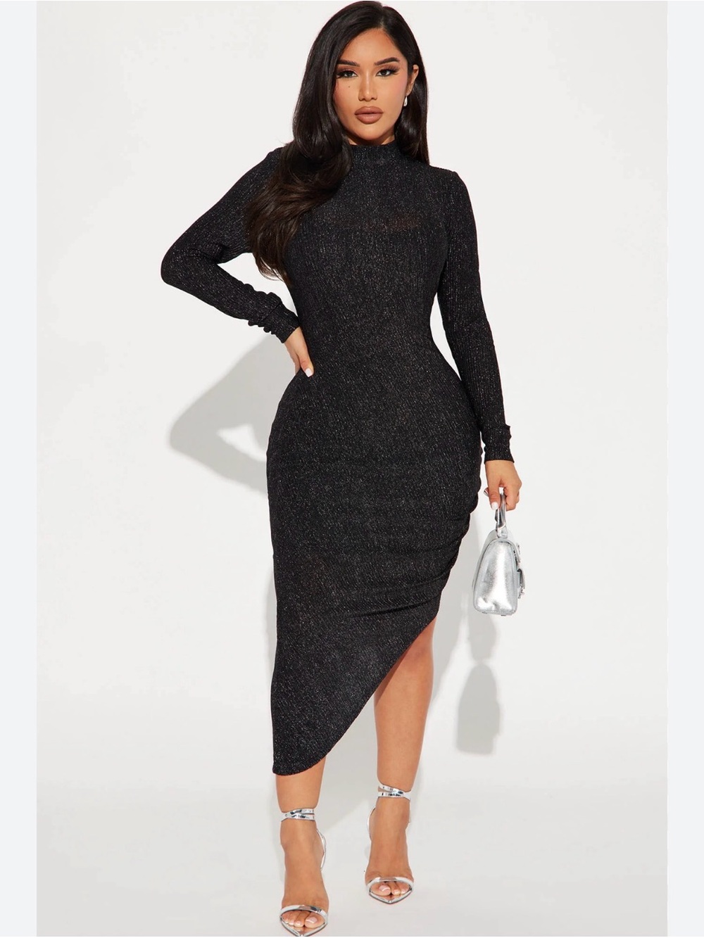 Fashion Nova Black Long-Sleeve Asymmetric Midi Dress